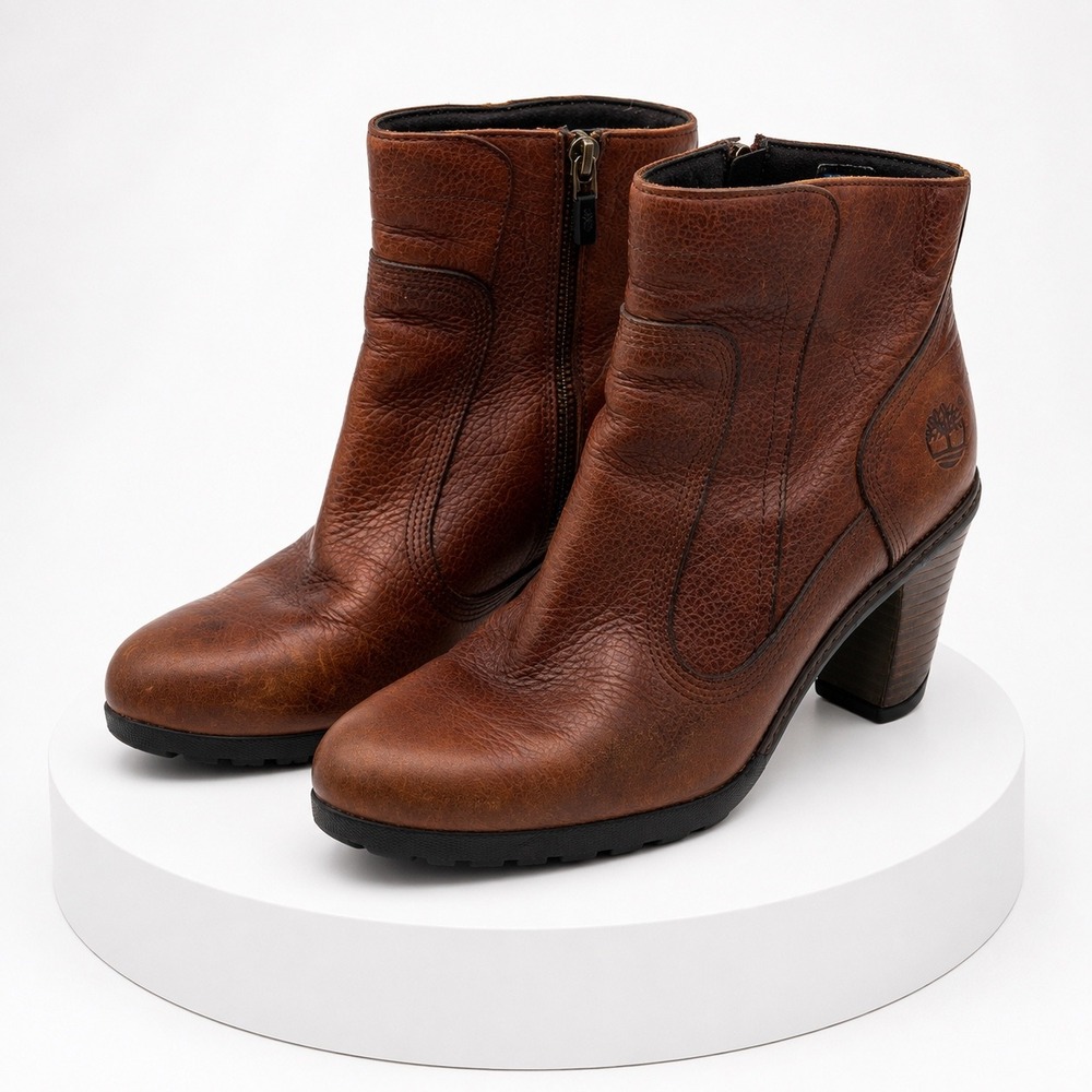 Timberland Brown Leather Ankle Boots Side Zip Block Heel 25674 Womens 8.5